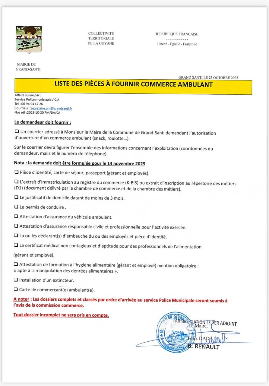 Liste des pièces à fournir pour l'ouverture d'un commerce ambulant
